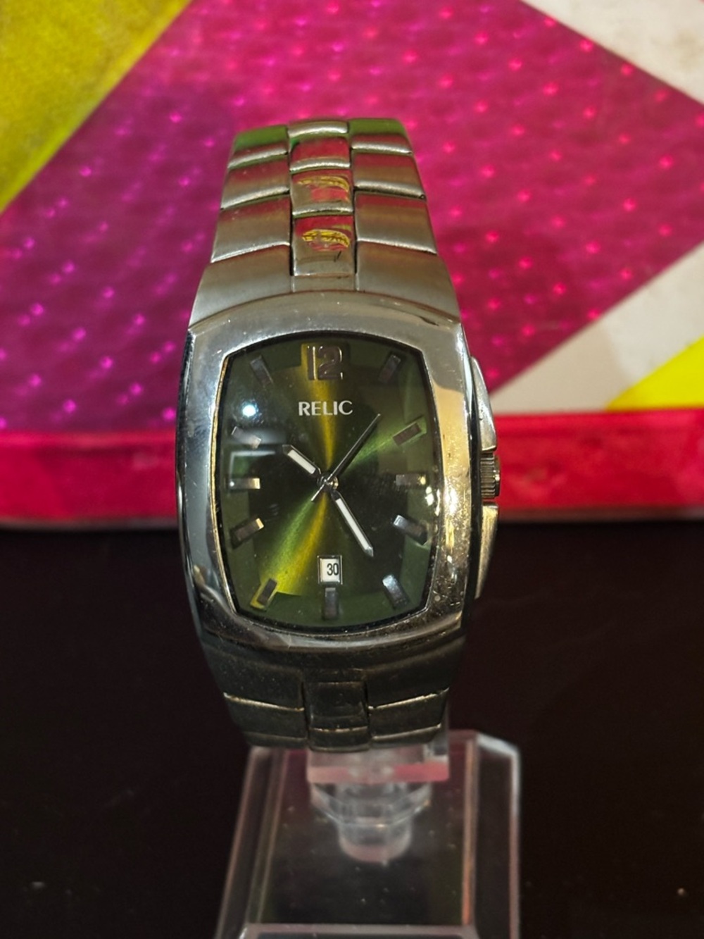 Relic Silver Stainless Steel Watch with Green Sunburst Dial